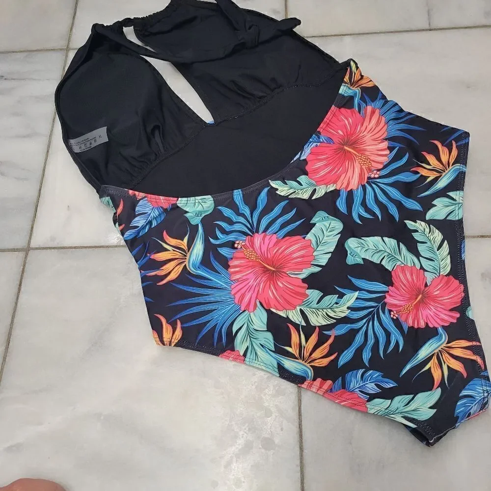 Women's Floral Print Cut Out Halter Swimsuit  Ruched Tie Neck Backless, Sz XL